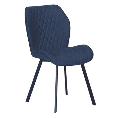 A modern dining chair with a contoured seat and backrest, upholstered in a dark blue textured fabric with a diamond-stitched pattern. The chair features four tapered legs made of black metal, angled outwards for stability. — 3D model (AI enhanced source)