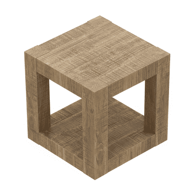 A cube-shaped side table constructed from distressed-looking wood planks, featuring an open-sided design with an internal shelf that creates a lower compartment for storage or display. — 3D model (AI enhanced source)