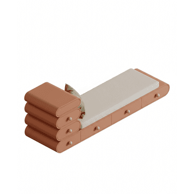 A modern daybed featuring a minimalist design, integrated storage drawers along its length, and a distinctive stacked, rounded headboard/armrest element, all finished in a warm terracotta color with a light beige mattress. — 3D model (AI enhanced source)