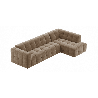 An L-shaped modular sectional sofa featuring extensive deep button tufting across all surfaces, including the low-profile arms and backrest. It is upholstered in a textured taupe fabric, presenting a modern, blocky silhouette. — 3D model (AI enhanced source)