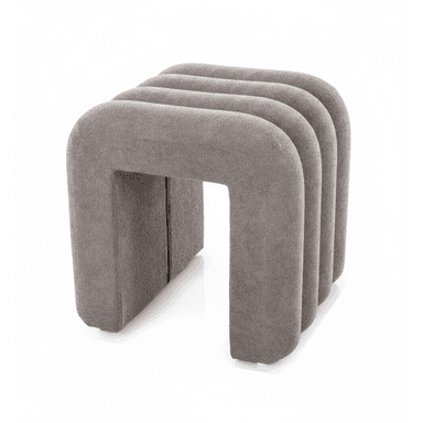 A contemporary, greige-colored upholstered bench featuring a distinctive multi-arched, ribbed design, fully covered in a textured, soft fabric like bouclé or chenille. — 3D model (AI enhanced source)