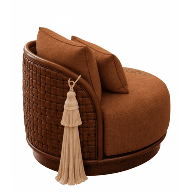 A barrel-back accent chair featuring a rounded wooden frame with dark brown woven exterior paneling, and plush rust-orange fabric upholstery for the seat and back cushions. A decorative cream-colored tassel hangs from the side. — 3D model (AI enhanced source)