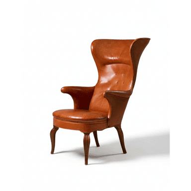 A high-backed wingback armchair upholstered in rich cognac-colored leather. The chair features a distinct winged design at the top of the backrest, offering an enveloping feel. The backrest is subtly button-tufted, and the seat cushion appears well-padded. It rests on four slender, gently curved wooden legs, visible below the upholstered frame. — 3D model (AI enhanced source)