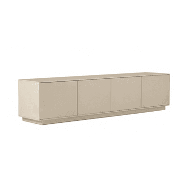 A long, low-profile contemporary sideboard cabinet featuring four handleless doors, finished in a light greige lacquer. The unit rests on a subtly recessed plinth base, giving it a floating appearance. Its minimalist design emphasizes clean lines and a smooth, uninterrupted facade. — 3D model (AI enhanced source)