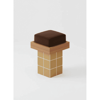 A stool with a square, upholstered seat in a dark brown fabric. The seat rests on a square wooden frame. The base of the stool is cylindrical and covered in square tiles of a mustard yellow color, separated by thin white grout lines. — 3D model (AI enhanced source)