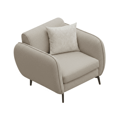 A modern upholstered armchair featuring soft, rounded lines and a light beige or greige textured fabric. The chair includes a matching throw pillow with a subtle patterned design. It rests on four slim, tapered dark metal legs. — 3D model (AI enhanced source)