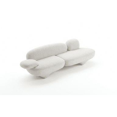 A contemporary two-seater loveseat featuring a highly organic, rounded, and sinuous form. Upholstered in a light, textured fabric, possibly bouclé, with integrated, curved armrests and backrests. The design is fluid, with no sharp edges, and rests on a low, subtly integrated upholstered base. — 3D model (AI enhanced source)