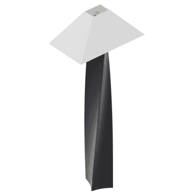A modern floor lamp featuring a tall, slender, twisted black column base and a contrasting white, tapered square lampshade. The base has a sculptural, curvilinear form, leading up to the light source. — 3D model (AI enhanced source)