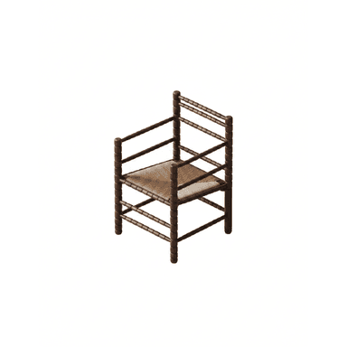 A rustic armchair featuring a dark brown, bobbin-turned wooden frame and a tightly woven rush seat. The chair has a square silhouette with straight legs and armrests, and the backrest is composed of multiple horizontal bobbin-turned spindles. The overall appearance is traditional and handcrafted. — 3D model (AI enhanced source)