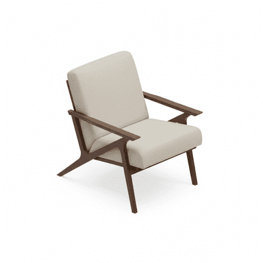 A modern armchair with a wooden frame and upholstered seat and backrest. The frame features a dark wood finish with angular, sculptural legs and armrests. The upholstery is a light, textured fabric in an off-white or cream color. The design is minimalist and appears to be mid-century modern inspired. — 3D model (AI enhanced source)