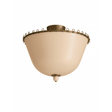 A semi-flush mount ceiling light featuring a domed, opaque off-white opaline glass shade. The shade is suspended from a brass ceiling canopy and encircled by a decorative band of small, looped brass elements at its upper edge. A small, spherical finial in a matching off-white tone protrudes from the bottom center of the glass shade, secured by a brass fitting. — 3D model (AI enhanced source)