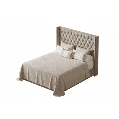 A contemporary upholstered bed featuring a distinctive wingback tufted headboard, rendered in a soft beige or taupe fabric. The headboard showcases deep diamond tufting, creating a luxurious and textured appearance. The bed frame is also upholstered, providing a cohesive and elegant look. The bed is dressed with matching neutral-toned bedding, including a textured bedspread and several decorative pillows. — 3D model (AI enhanced source)