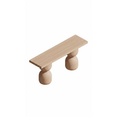 A modern and minimalist wooden bench featuring a rectangular top supported by two large, bulbous cylindrical bases. The entire piece is rendered in a light, natural wood tone with a smooth finish, emphasizing its sculptural form. — 3D model (AI enhanced source)