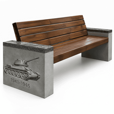 A robust outdoor bench featuring a slatted wooden seat and backrest, supported by thick concrete bases. The concrete bases are topped with polished dark granite armrests. One of the concrete bases features an embossed relief of a military tank above the years "1941-1945", indicating its commemorative purpose. — 3D model (AI enhanced source)