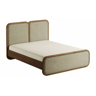 A modern platform bed featuring a dark wood frame with rounded edges on the headboard and footboard. The headboard consists of two distinct, vertically oriented upholstered panels in a light beige fabric. The footboard also incorporates a single upholstered panel. The bed includes a mattress in a light color, consistent with a contemporary design aesthetic. — 3D model (AI enhanced source)