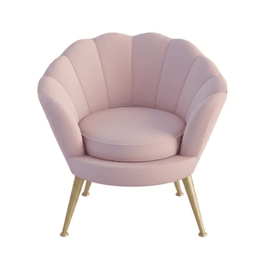 An upholstered accent chair featuring a distinctive scalloped, shell-like backrest and seat in a soft pink velvet-like fabric, supported by four tapered gold-finished metal legs. It includes a removable round seat cushion. — 3D model (AI enhanced source)