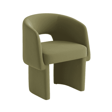 An olive green upholstered armchair featuring a contemporary design with a rounded, barrel-shaped backrest and integrated armrests. The chair is supported by two distinct, sculptural, slab-like legs that form a stable and visually unique base. — 3D model (AI enhanced source)