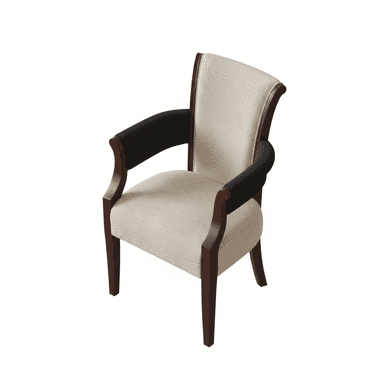 An upholstered armchair featuring a dark stained wooden frame, a light beige patterned fabric on the seat and back, and contrasting black removable arm covers. The chair has a curved backrest and elegantly curved wooden armrests, supported by four tapered legs. — 3D model (AI enhanced source)