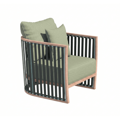 A contemporary armchair with a curved frame and slatted sides. The armchair features a wooden base and frame, with vertical black slats forming the sides. It includes a seat cushion and two back cushions, all upholstered in a light green fabric. The overall design suggests suitability for outdoor or modern indoor use. — 3D model (AI enhanced source)