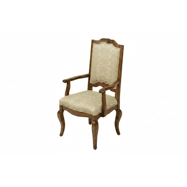 A traditional armchair featuring a dark, carved wooden frame and upholstered seat and backrest in a light-colored, patterned fabric. The chair exhibits cabriole legs and ornate detailing, particularly on the crest rail of the back. — 3D model (AI enhanced source)