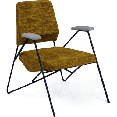 A contemporary armchair featuring a dark-finished tubular metal frame, upholstered seat and backrest in textured mustard yellow fabric, and light gray padded armrests. — 3D model (AI enhanced source)