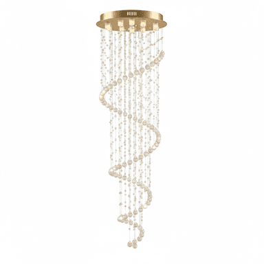A luxurious modern chandelier featuring a gold-finished ceiling mount from which multiple strands of clear crystals and larger frosted spherical beads descend. The design incorporates a distinct spiral formation of illuminated spheres, creating a cascading and opulent effect suitable for grand interiors. — 3D model (AI enhanced source)