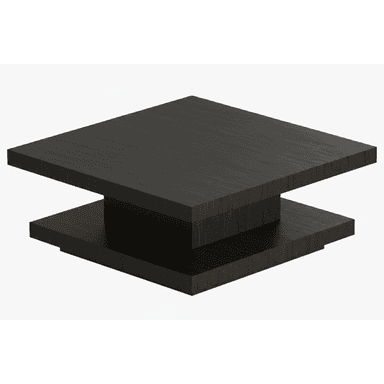 A minimalist square coffee table featuring a two-tiered design in a dark wood finish. The table consists of a flat, square top surface elevated above a matching square base by a shorter, central square block, creating a floating appearance. The material appears to be engineered wood with a dark wood grain laminate or veneer, exhibiting clean lines and a contemporary aesthetic. — 3D model (AI enhanced source)