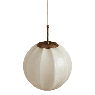 A single pendant light featuring a spherical, fluted opal glass shade suspended from a white cord with brass-toned metal fittings. — 3D model (AI enhanced source)