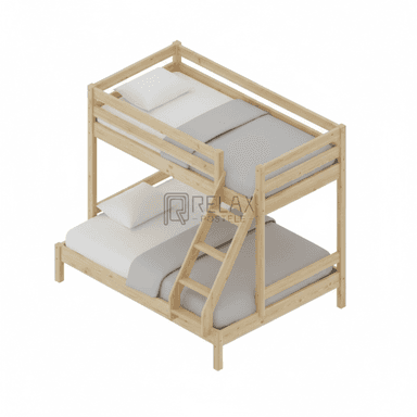 A wooden bunk bed with a slatted frame, featuring a ladder for access to the top bunk. Both bunks are furnished with pillows and bedding in white and gray. — 3D model (AI enhanced source)