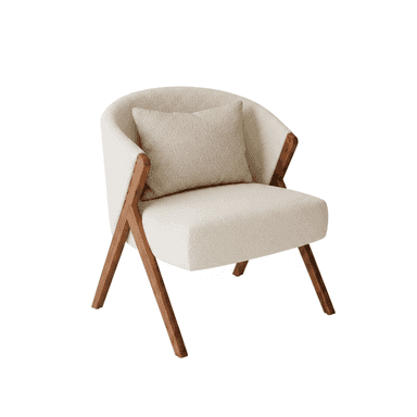 A contemporary armchair featuring an off-white bouclé upholstery and a distinctive exposed dark wood frame. The chair has a rounded backrest that integrates with the armrests, creating a cohesive, bucket-like form. A loose back cushion of the same material is included. The chair is supported by four angled, tapered wooden legs that are part of the exposed structural frame. — 3D model (AI enhanced source)
