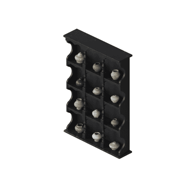 A black, wall-mounted display shelf featuring a tiered structure with scalloped side panels and turned wooden spindles. The shelf unit holds various small, decorative ceramic pots or vases across its multiple levels, designed for showcasing small collectibles. — 3D model (AI enhanced source)