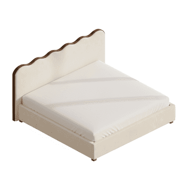 An upholstered platform bed featuring a distinctive scalloped headboard and exposed wooden trim. The bed frame and headboard are covered in a light cream-colored fabric, likely a textured material such as boucle or velvet. The platform design eliminates the need for a box spring, supporting the mattress directly. Small, low-profile feet are visible at the corners of the bed frame. — 3D model (AI enhanced source)