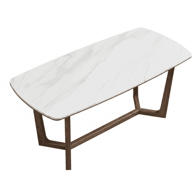A modern rectangular coffee table featuring a white faux marble top with grey veining and a dark brown, geometric wooden base. — 3D model (AI enhanced source)