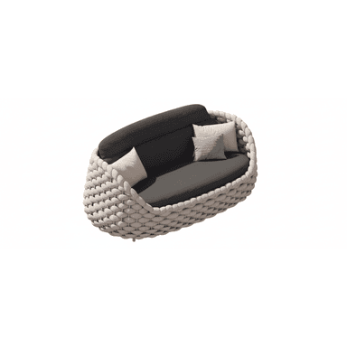 A contemporary circular or oval-shaped outdoor daybed featuring a thick, tightly woven light-colored synthetic rope exterior, forming a deep, cocoon-like seating area. It is furnished with dark grey seat and back cushions, complemented by lighter accent pillows for comfort. — 3D model (AI enhanced source)
