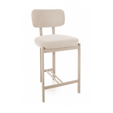 A contemporary bar stool with a square-profile metal frame and upholstered seat and backrest in a light, textured fabric. — 3D model (AI enhanced source)