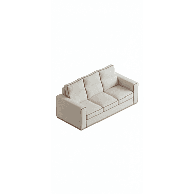 A contemporary three-seater sofa with light-colored upholstery and distinctive red contrast piping. It features three individual seat cushions and three matching back cushions. The sofa has wide, straight track arms and a low-profile, recessed plinth base, likely in a light wood finish, which gives it a floating appearance. — 3D model (AI enhanced source)