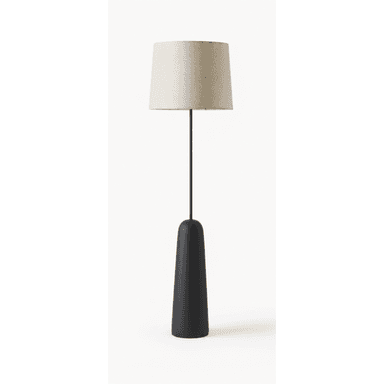 A modern floor lamp featuring a matte black, conical base that tapers upwards, supporting a slender black metal stem. The stem is topped with a cylindrical drum shade in a natural, light beige fabric. The overall design emphasizes clean lines and a minimalist aesthetic. — 3D model (AI enhanced source)