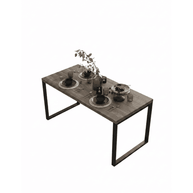 A rectangular dining table featuring a light brown wood-grain tabletop supported by two U-shaped black metal legs. The table is set with placemats, dark dishes, and decorative elements including a vase with greenery. — 3D model (AI enhanced source)