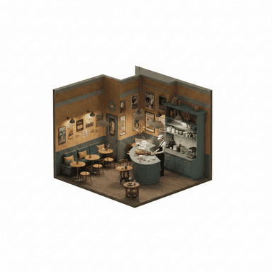 This image features a vintage-style cafe service counter with integrated upper shelving and display areas. The counter itself is a curved, solid structure finished in a dark teal or muted green color, presenting a classic and inviting aesthetic. It incorporates lower cabinetry for storage and a countertop for food and drink preparation and service. Above the counter, a matching shelving unit extends upwards, offering open shelves for displaying various items such as cups, jars, and decorative pieces, as well as enclosed cabinets below. The design evokes a timeless, perhaps early 20th-century or retro, commercial setting, optimized for both functionality and visual appeal within a cafe environment. — 3D model (AI enhanced source)