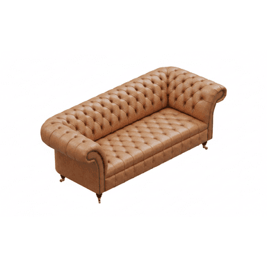 A classic Chesterfield sofa upholstered in tan leather, featuring deep button tufting across the backrest, seat, and rolled arms. The sofa has distinctive rolled armrests, decorative nailhead trim along the base and arms, and stands on short, turned legs with brass caster wheels. — 3D model (AI enhanced source)
