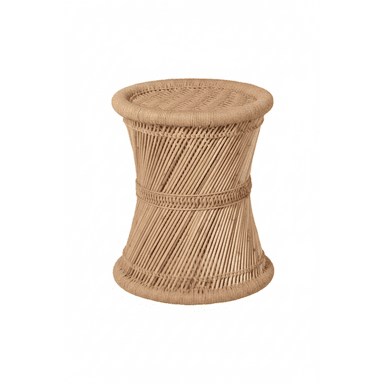 A natural fiber hourglass-shaped stool, constructed from diagonal bamboo-like sticks and interwoven with rope, featuring a flat woven top and base. — 3D model (AI enhanced source)