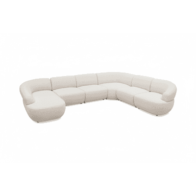 A large, contemporary modular sectional sofa comprised of multiple curved and straight upholstered sections, forming a U-shape. The sofa features a soft, textured boucle fabric in an off-white or cream color. Its design includes low-profile backrests and rounded arms on the end sections, contributing to an inviting and modern aesthetic. Each module appears to connect to create a customizable seating arrangement. — 3D model (AI enhanced source)