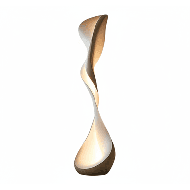 A tall, contemporary floor lamp featuring a sculptural, twisted design. The lamp's body is a continuous, ribbon-like form that gently twists upwards, creating an elegant, biomorphic silhouette. Light emanates softly from the inner curves of the twisted structure, providing ambient illumination. The exterior appears to have a smooth, matte finish in a bronze or deep champagne color, contrasting with the lighter, illuminated interior. — 3D model (AI enhanced source)