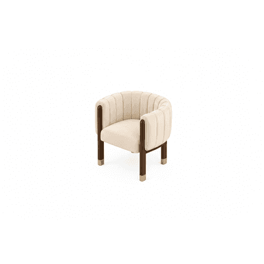 A stylish barrel-shaped armchair featuring vertical channel tufting on its cream-colored upholstery. The chair rests on four dark wooden legs, each capped with a polished brass accent. Its design evokes a contemporary aesthetic with Art Deco influences. — 3D model (AI enhanced source)