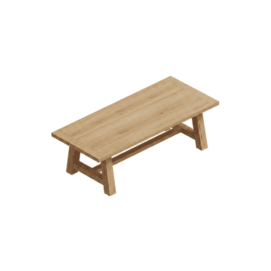 A rectangular solid wood coffee table with a light oak finish. It features a trestle-style base with two A-frame supports connected by a central stretcher. The tabletop has a framed or paneled design, indicating solid wood construction or a veneer with a solid wood edge. — 3D model (AI enhanced source)