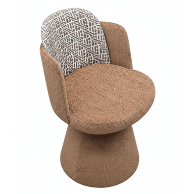 A contemporary upholstered armless accent chair featuring a plush, rounded seat and backrest. The chair is entirely upholstered in a textured light brown/tan fabric, with the inner backrest showcasing a contrasting white and brown abstract geometric pattern. It rests on a solid, cylindrical pedestal base, suggesting swivel functionality. — 3D model (AI enhanced source)