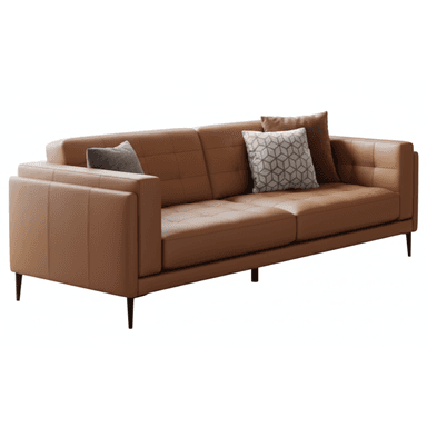 A modern three-seater sofa upholstered in tan leather, featuring distinct track arms and a backrest with subtle square tufting. The seat cushions are smooth, and the sofa rests on slender, tapered black metal legs. Several decorative throw pillows with varying patterns and textures are placed on the sofa. — 3D model (AI enhanced source)