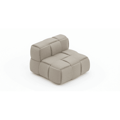A contemporary modular lounge chair section, upholstered in a light beige textile, featuring a distinctive square-tufted design across its seat, backrest, and side. The piece exhibits a low-profile, block-like construction suitable for flexible seating arrangements. — 3D model (AI enhanced source)