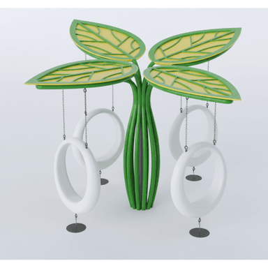 A striking outdoor seating installation characterized by a biomorphic design. It features a central green, stem-like support structure from which four large, leaf-shaped canopies extend. These canopies are green with yellow undersides, providing shade. Suspended beneath the canopies by chains are four individual, white, ring-shaped seats, suggesting a modern take on swing chairs. The entire unit sits on a light gray surface, likely an outdoor pavement or similar setting. The design is playful, functional, and visually engaging, suitable for public or commercial outdoor spaces. — 3D model (AI enhanced source)