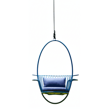 A modern hanging egg chair, featuring a vibrant blue tubular metal frame that forms an enclosed oval shape. The chair is suspended from above by a dark rope or cable. Inside the frame, a horizontal slatted seat and backrest are complemented by a dark blue fabric cushion and a small lumbar pillow, providing comfort. The design is contemporary and visually striking, suitable for both indoor and outdoor lounge settings. — 3D model (AI enhanced source)